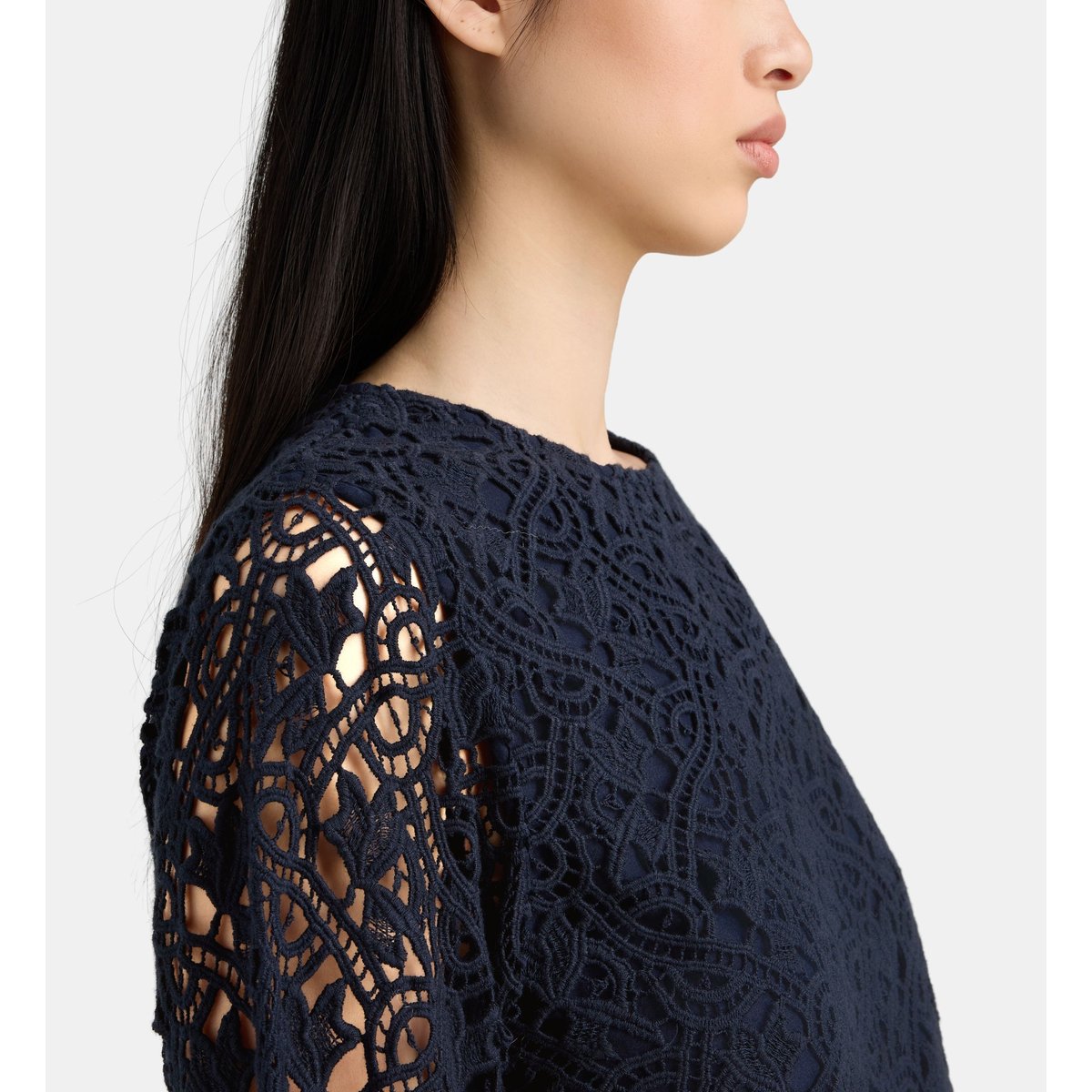 Top ostoya maille ajourée crochet coton bio bleu marine, JODHPUR
