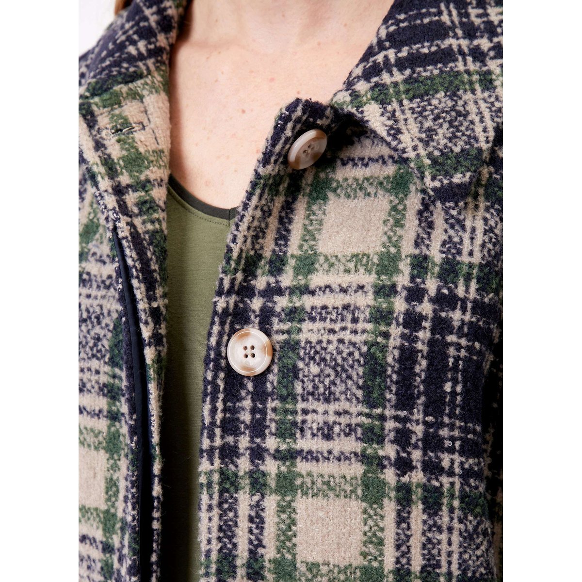 Manteau long en lainage motif BEKA bleu nuit vert, LA FIANCÉE
