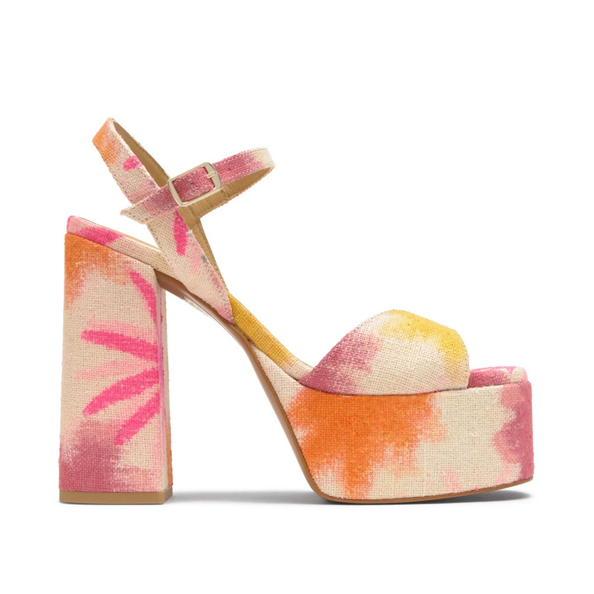 Sandales à talon bloc en lin imprimé floral tie-dye FLORA ULTRA PLATFORM rose, CASTANER