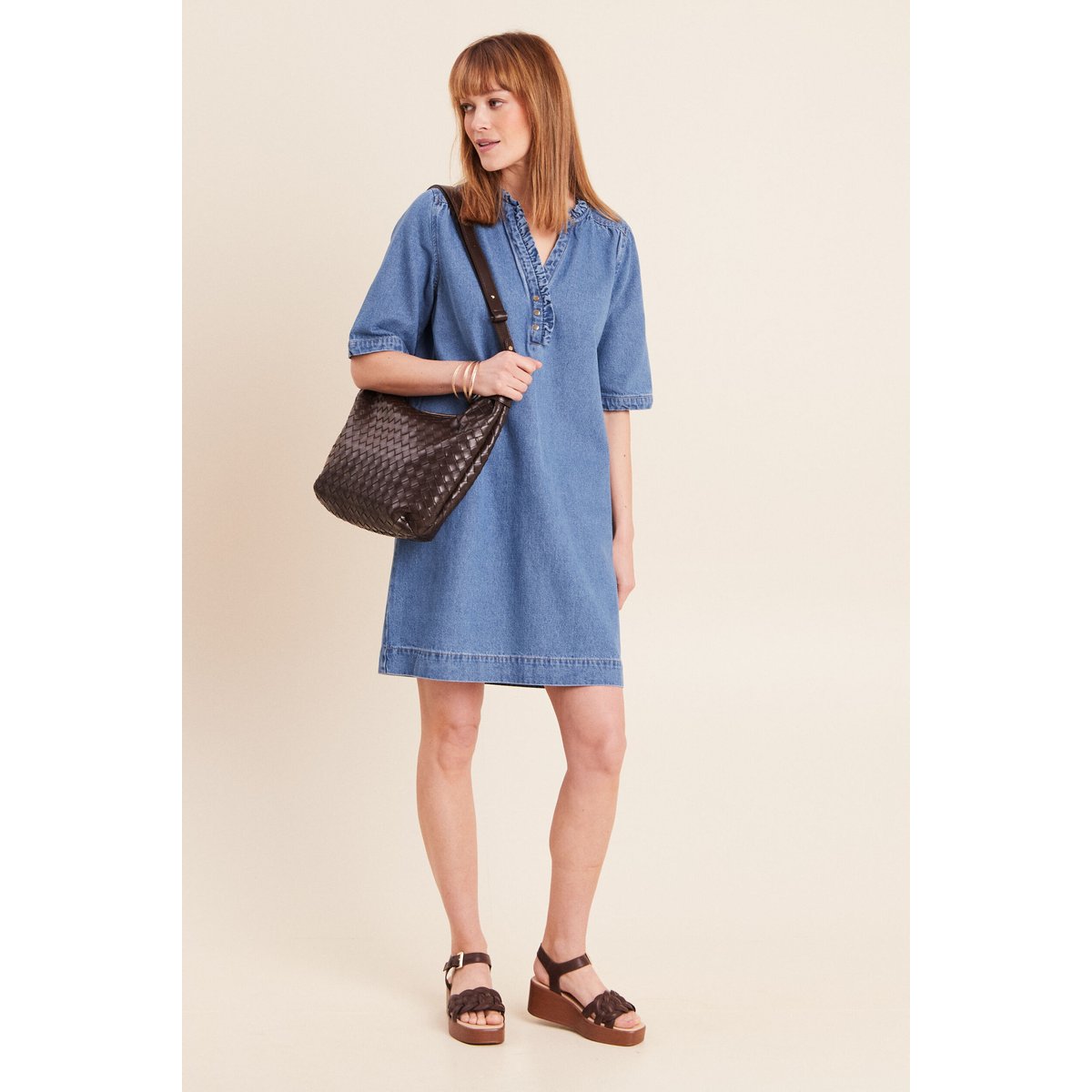 Robe courte évasée jean col montant denim double stone, BREAL