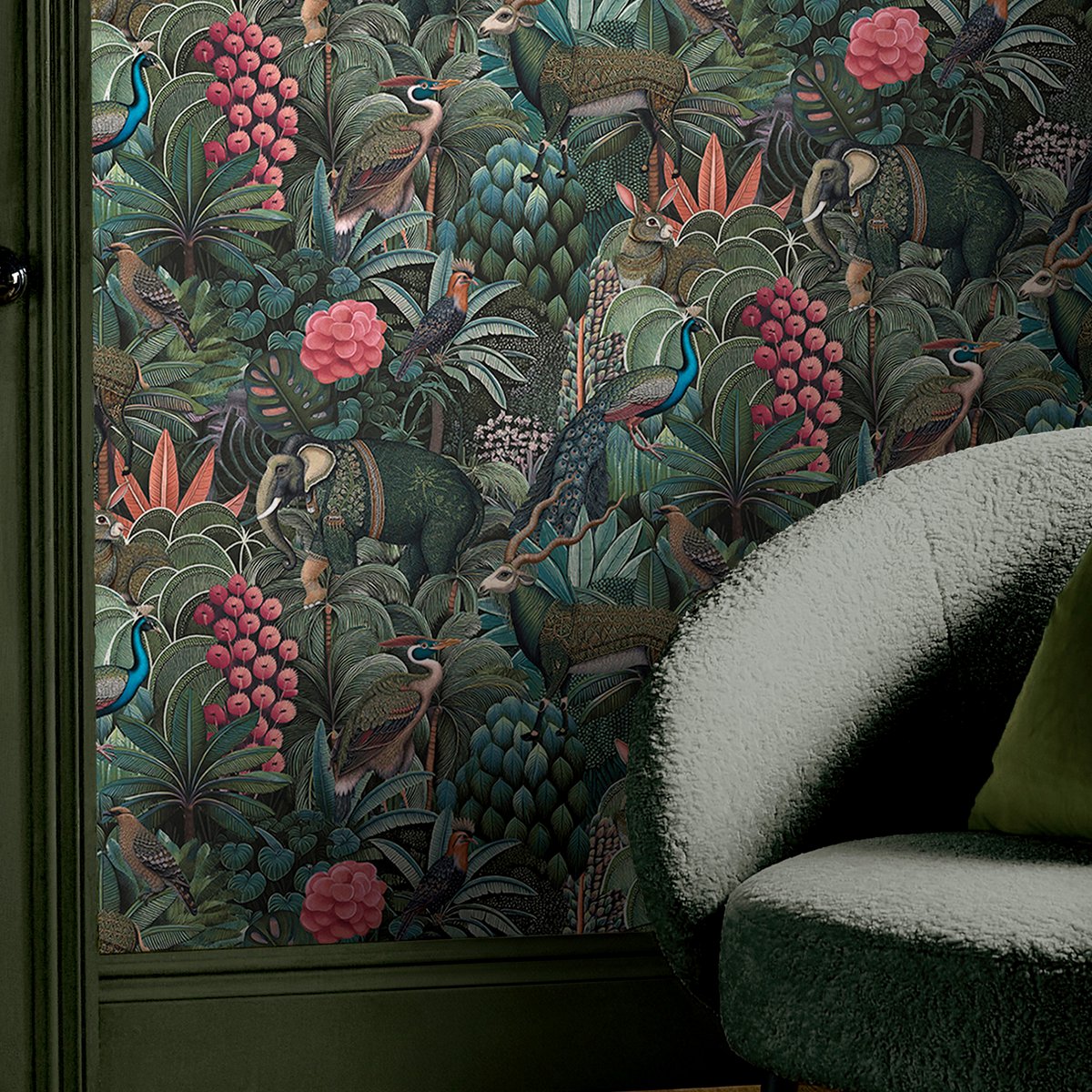 Papier peint Jungle Jamboree vert, rose, brun, bleu, GRAHAM ET BROWN