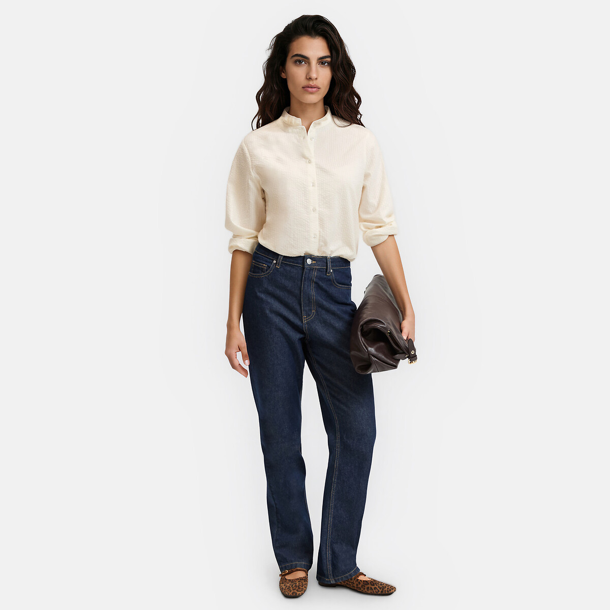 Blusa de manga larga con cuello volado, confeccionada en algodón seersucker crudo, LA REDOUTE COLLECTIONS