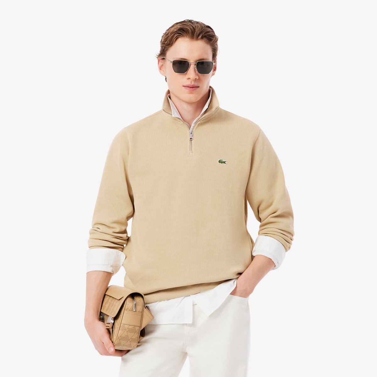 Sweatshirt zippé interlock col montant beige-8xf, LACOSTE