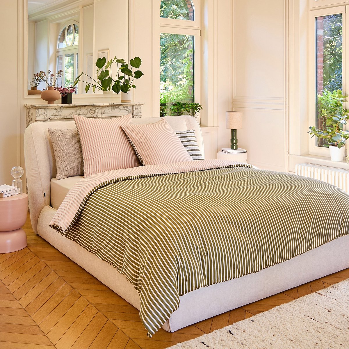 Parure de lit coton, satin BAUDOUIN rose poudré, vert, HABITAT