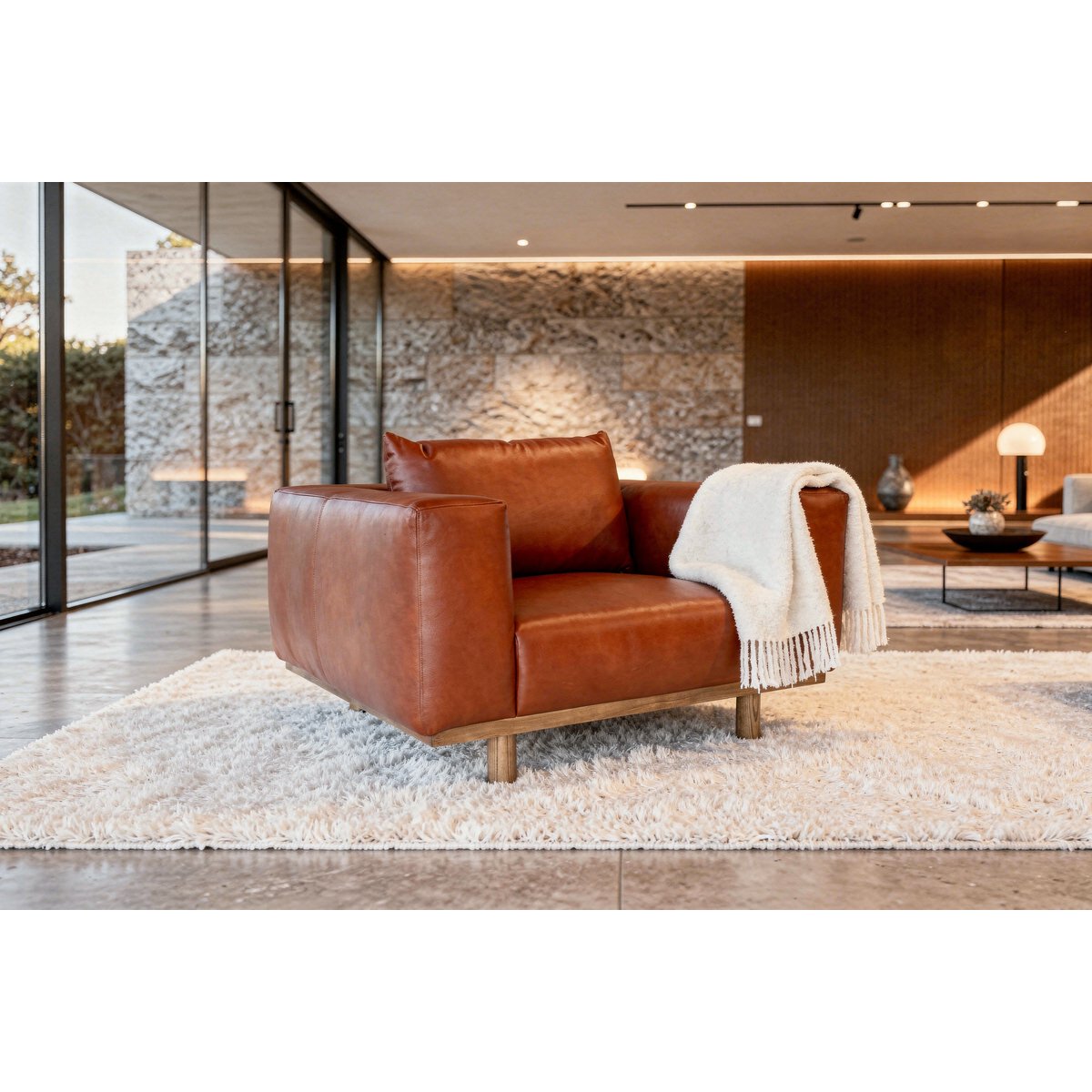 Fauteuil en cuir pleine fleur et chêne ANDERSEN marron clair, PRODUIT INTERIEUR BRUT