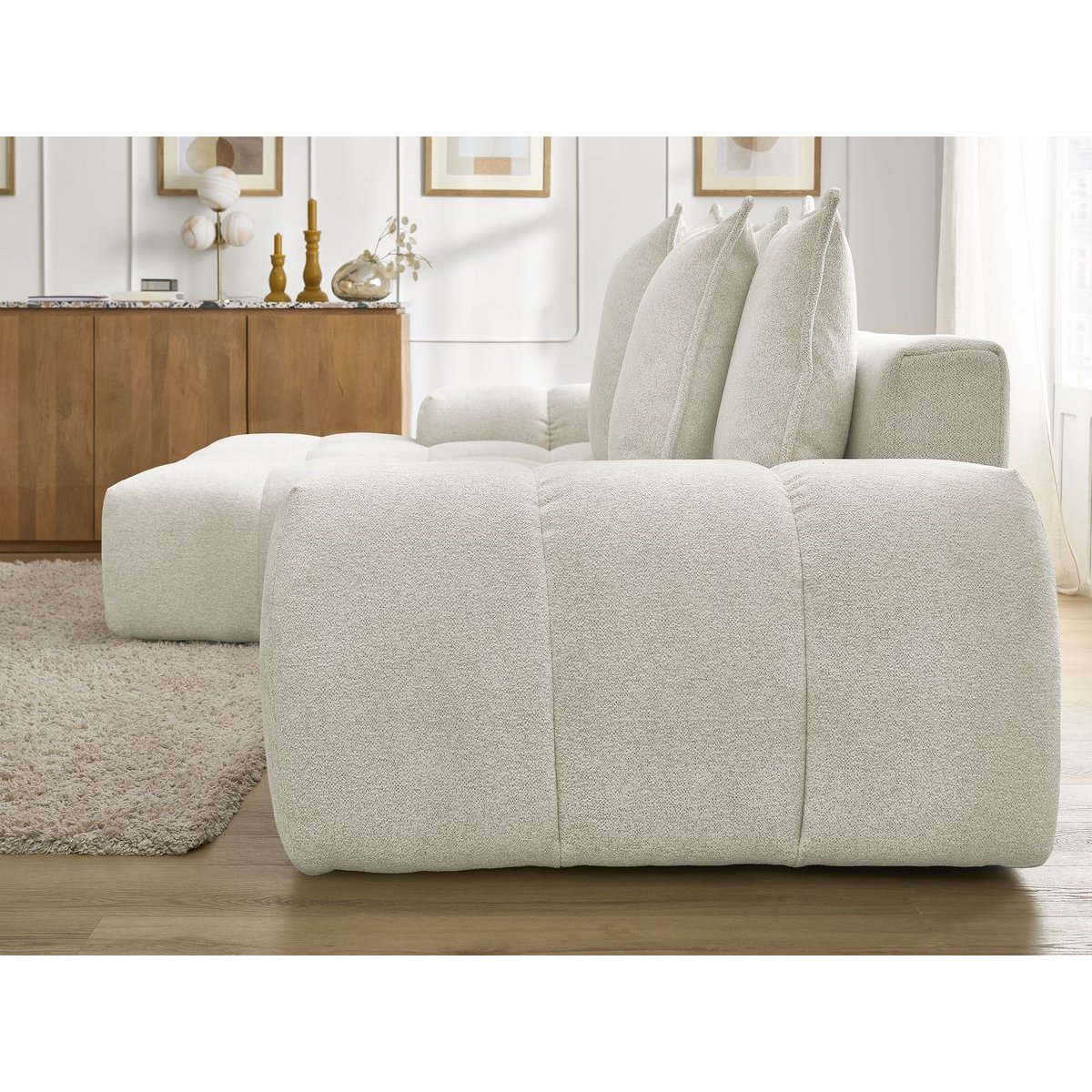 Canapé d'angle convertible 3 places en tissu chiné, EVEREST blanc, BOBOCHIC