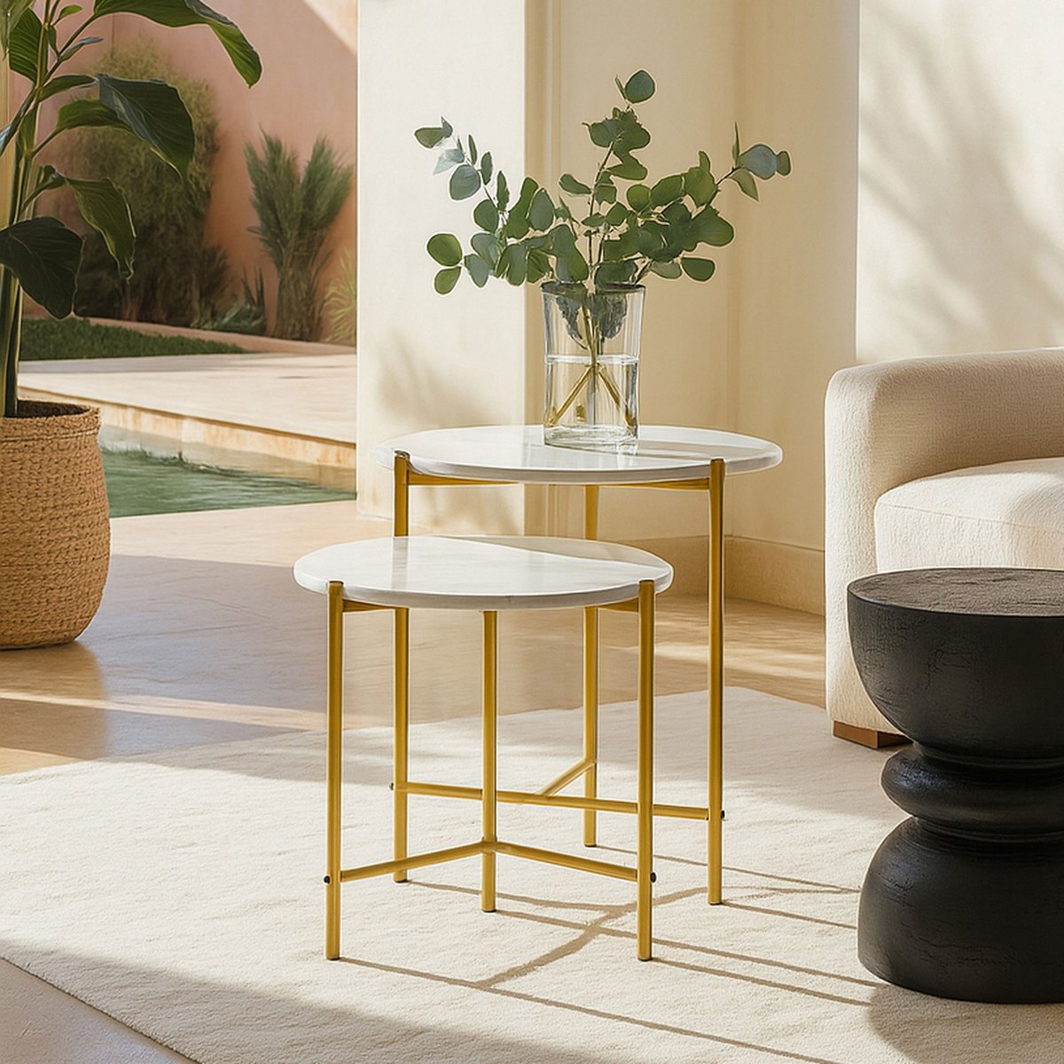 Set de 2 tables basses effet marbre et pieds en métal, SHIAP blanc, NOW'S HOME