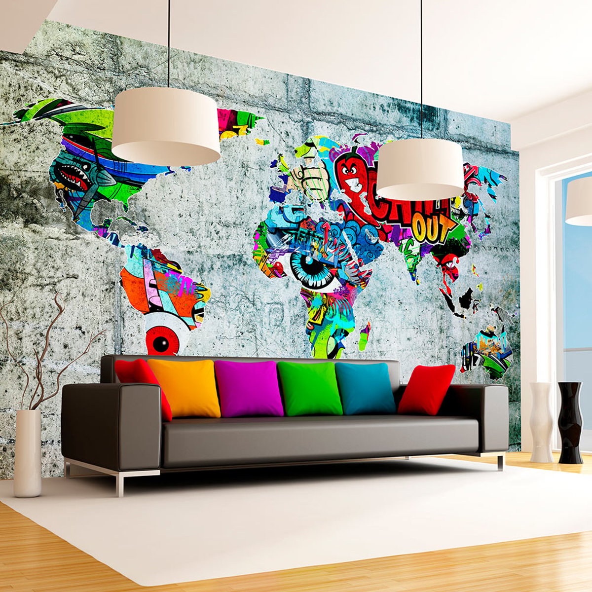 Papier peint intissé panoramique Carte du monde Map - Graffiti gris / argent, EDEN