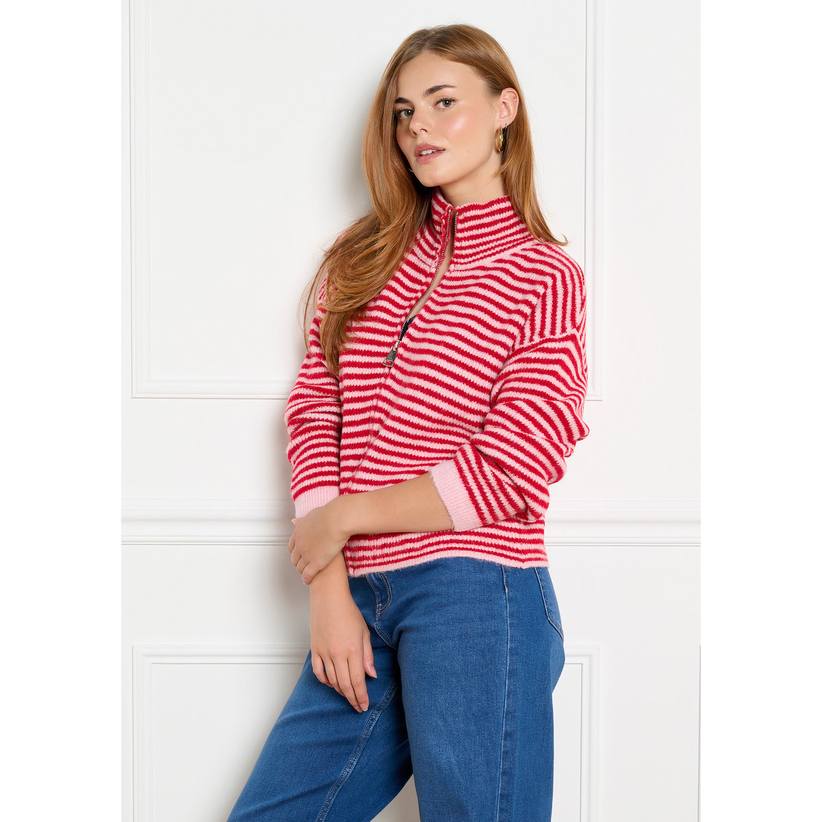 Cardigan zippé à rayures rouge, LOLALIZA