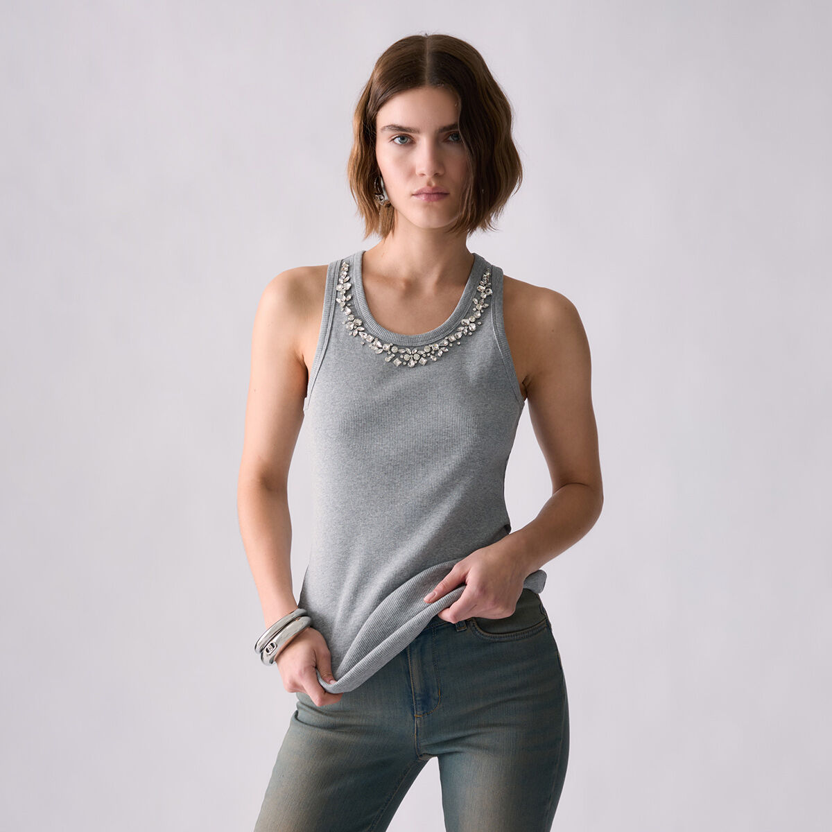 T-shirt avec decorazione bijou gris, LIU JO
