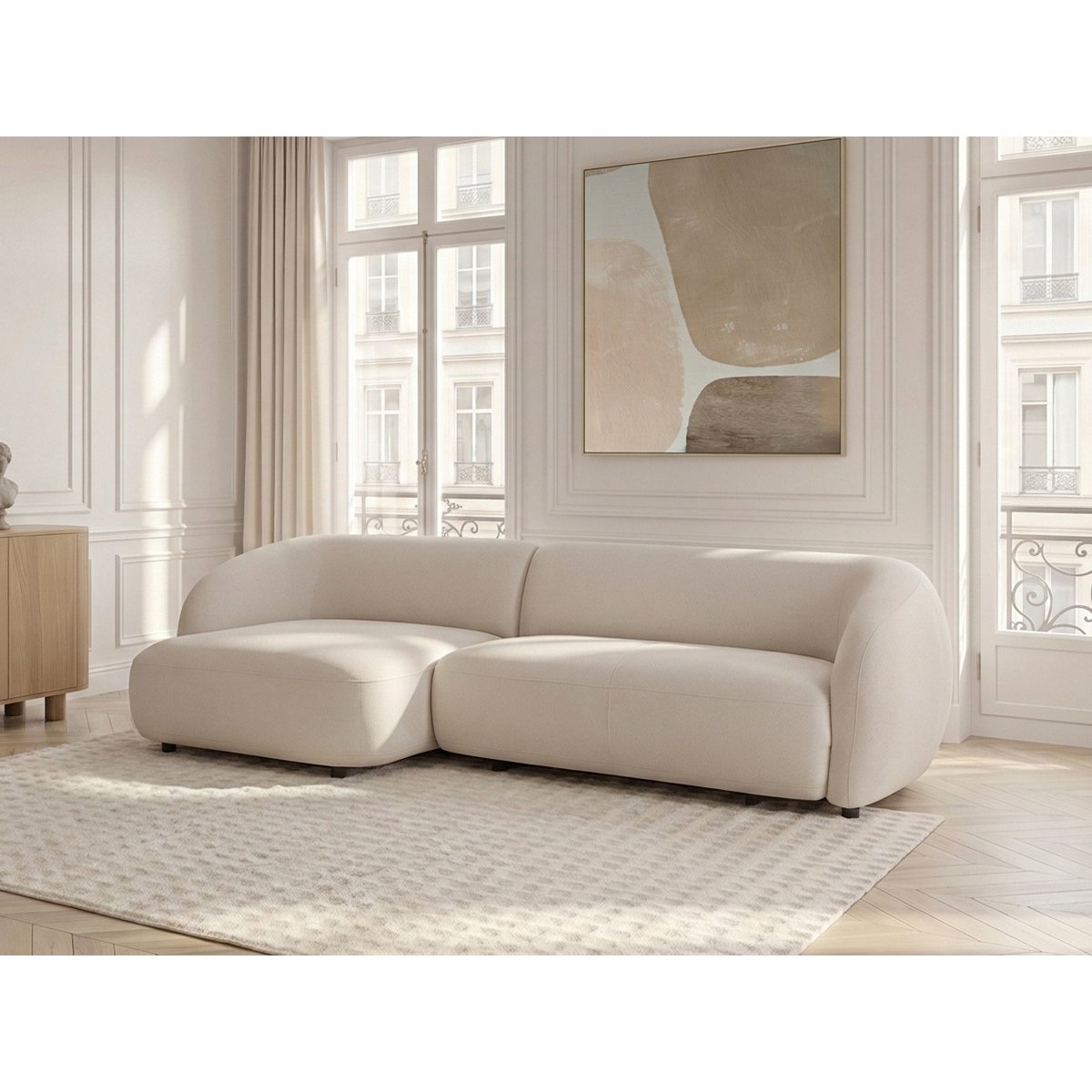 Canapé d'angle convertible 4 places en tissu lisse, HALO beige, BOBOCHIC