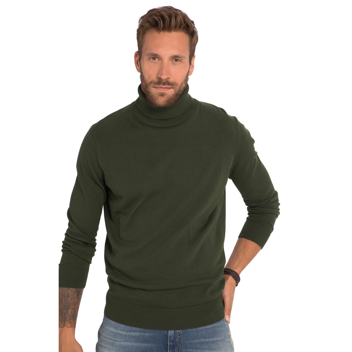 Pull à col roulé en maille fine vert foncé, JP1880