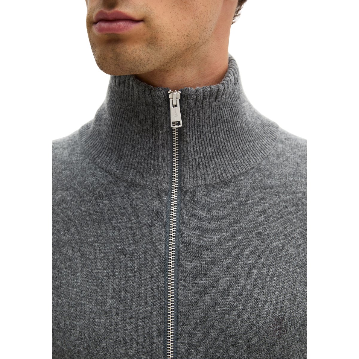 Cardigan à col montant, coupe régulière en mélange de coton bio et de laine vierge gris, MARC O'POLO