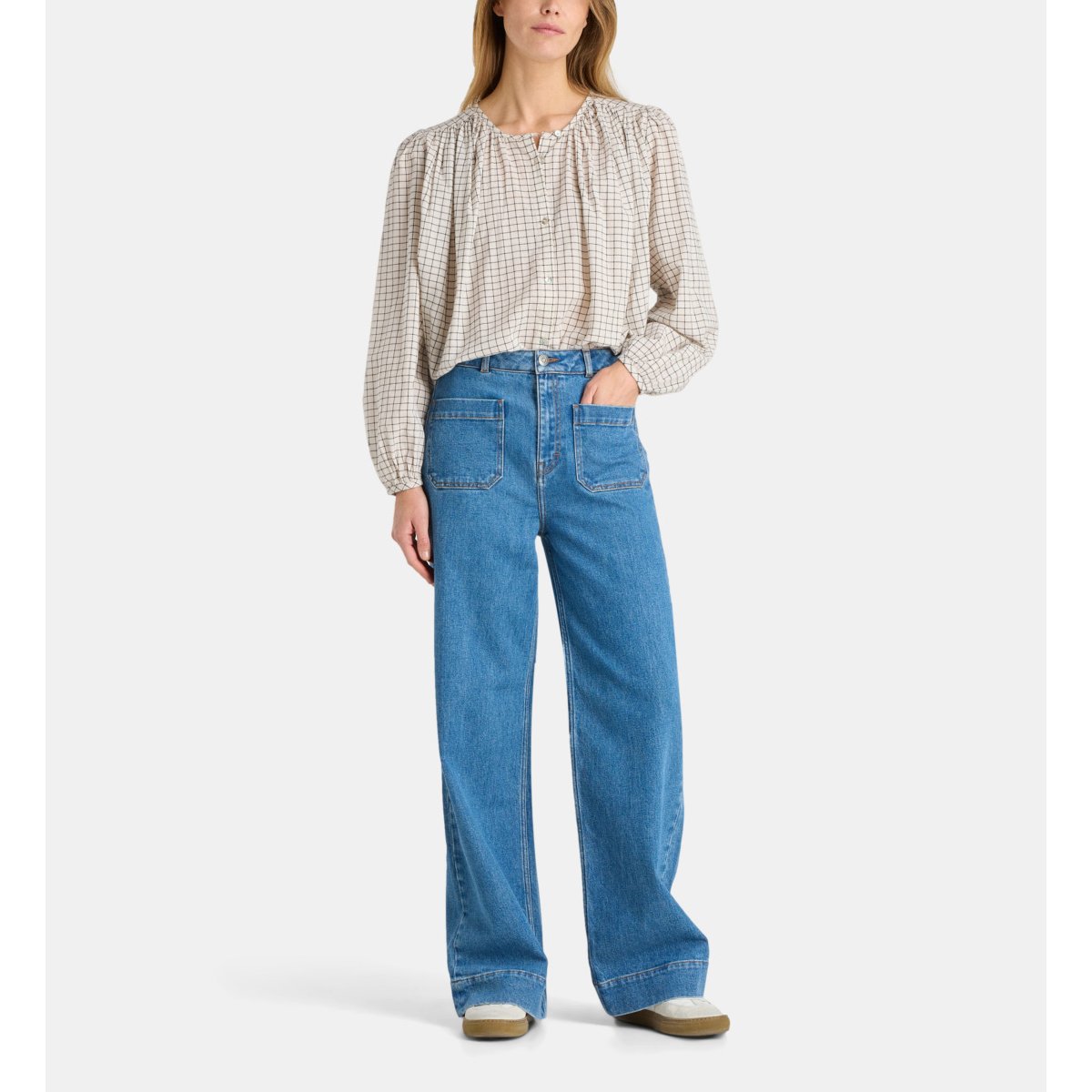 Chemise amande check en coton bio bleu et écru, GALERIES LAFAYETTE