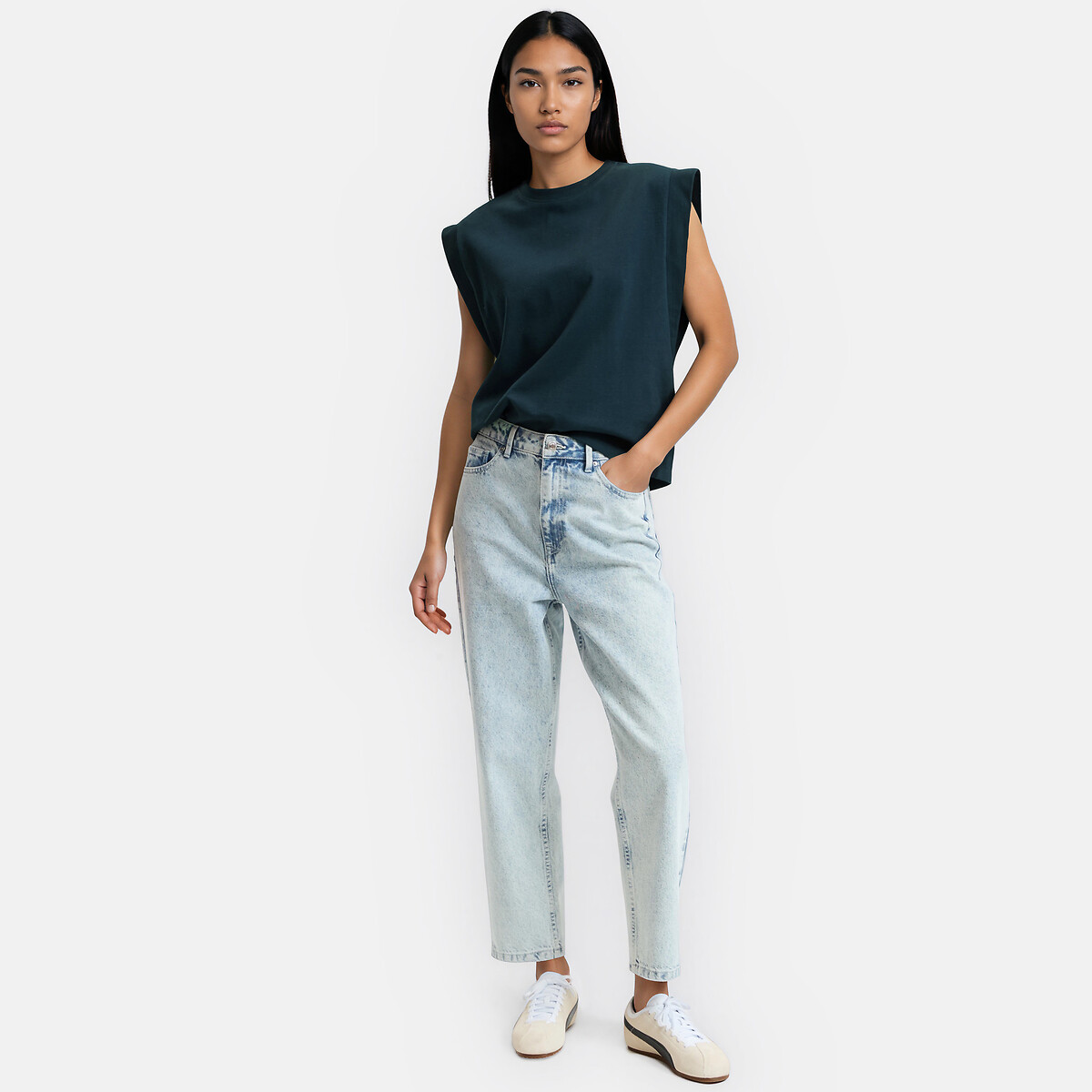 Cotton Sleeveless Vest Top with Crew Neck navy blue, LA REDOUTE COLLECTIONS