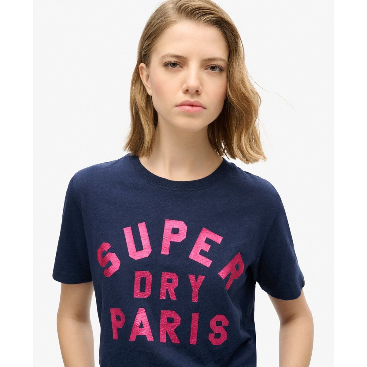 T-shirt décontracté avec logo pailleté bleu marine intense flammé, SUPERDRY