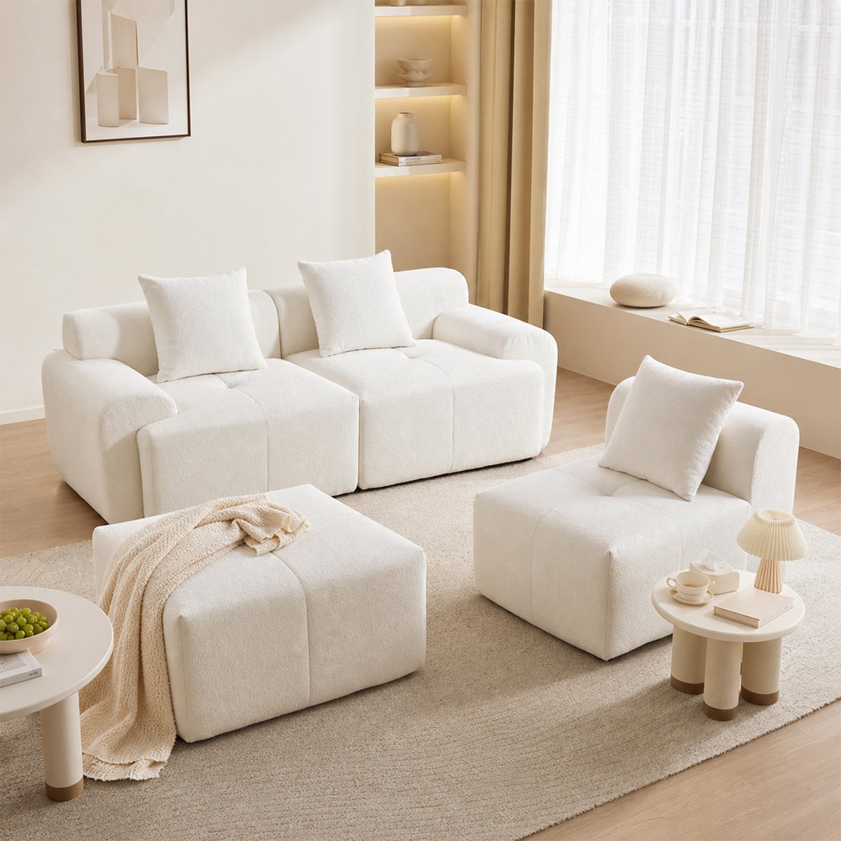 Canapé d'angle réversible compressé 3 places avec pouf, LANDIB beige, MEUBLES COSY