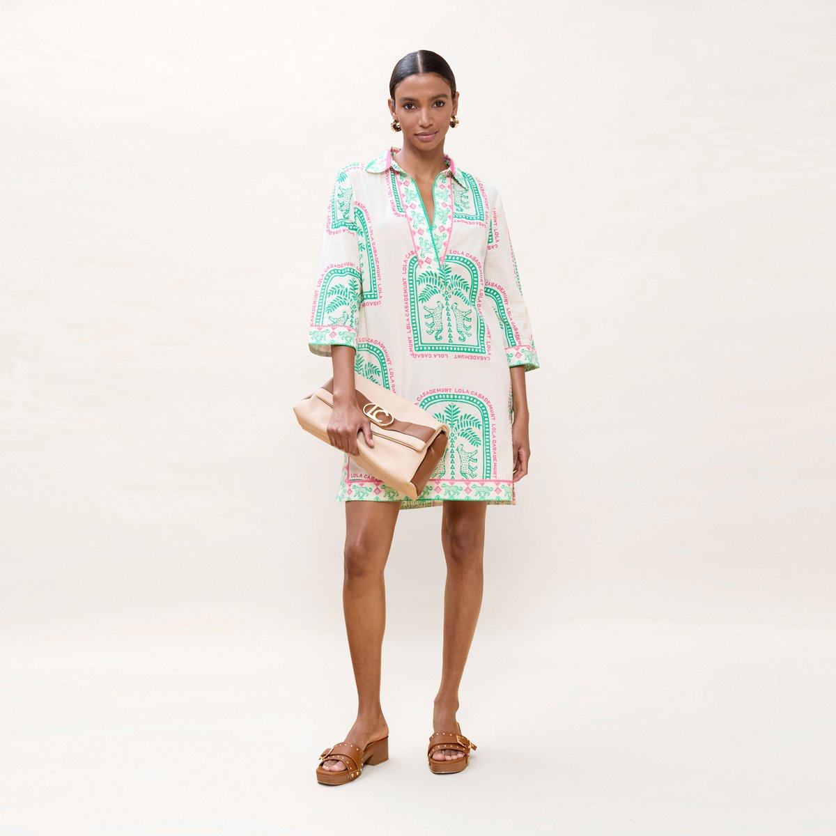 Robe chemise courte imprimée graphique ecru, LOLA CASADEMUNT