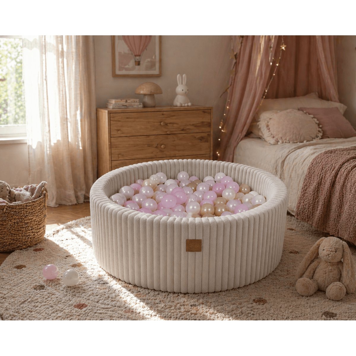 Piscine balles bébé velours côtelé sans balles piscine à balles gris jurassique avec balles blanc perlé / menthe perlée / argent, MEOW BABY