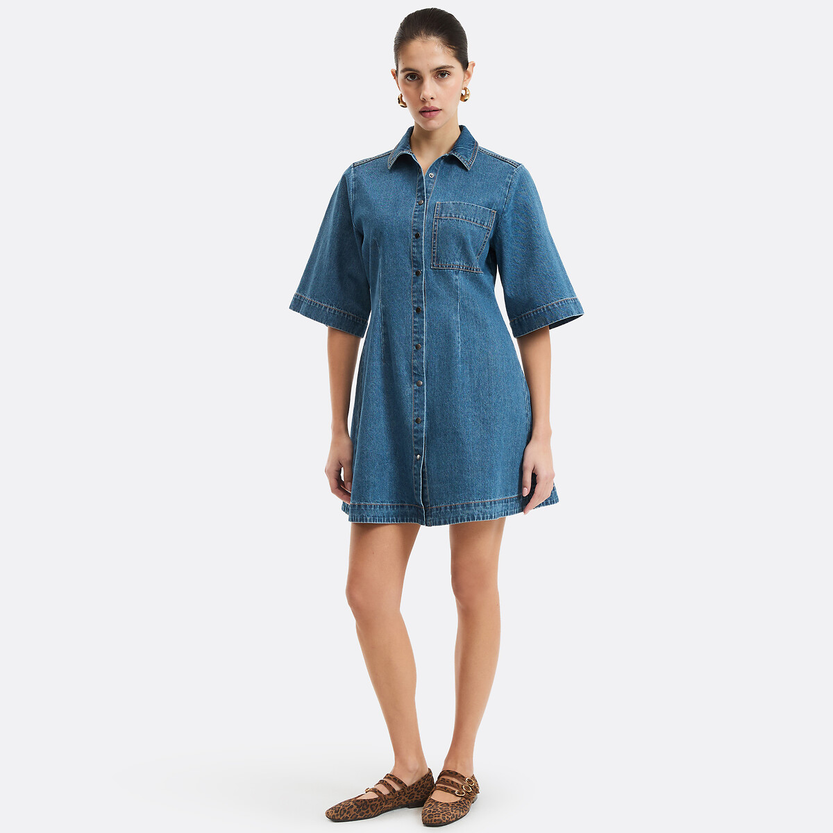 Wijde denim jurk, kort, korte mouwen, drukknopen aan de voorkant stoned denim , LA REDOUTE COLLECTIONS