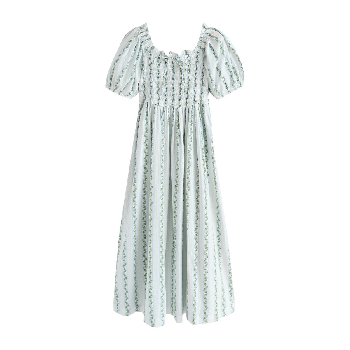 Robe mi-longue froncée à manches bouffantes imprimé floral à petites fleurs blanc/bleu, NEXT