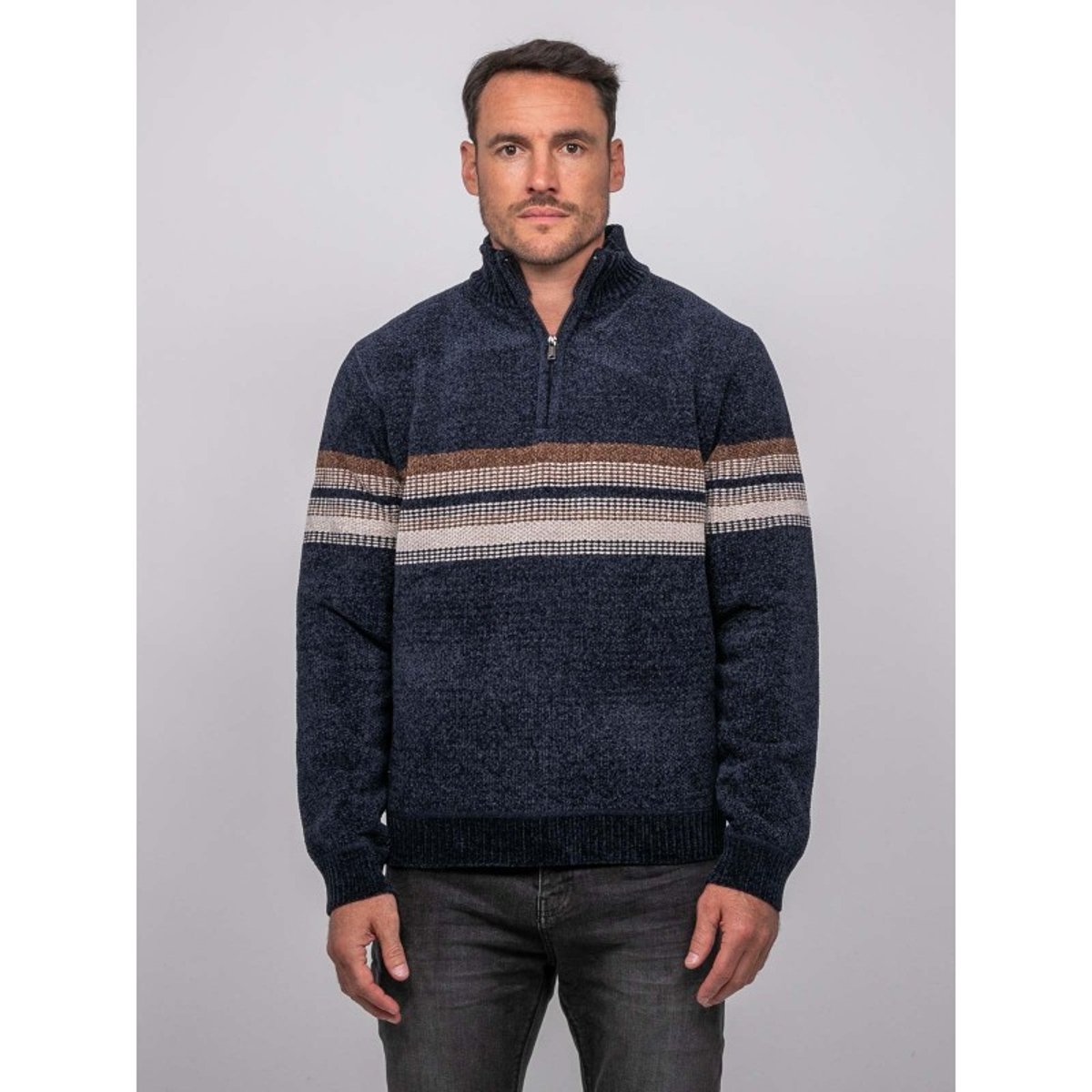 Pull Chenille Col Camionneur Zippé Rayures Latoria bleu marine, RITCHIE