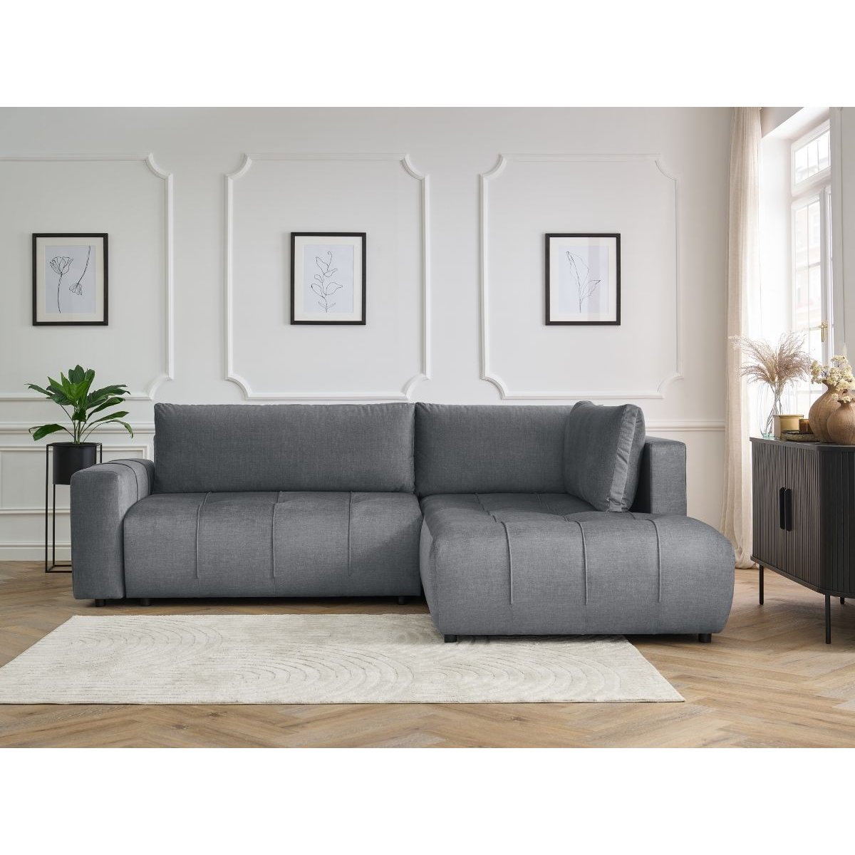 Canapé d'angle convertible 3 places en velours, ARSENE gris foncé, BOBOCHIC