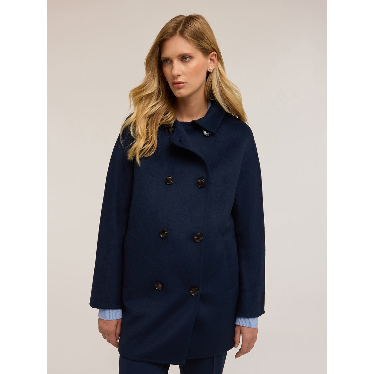 Manteau croisé en tissu mélangé de laine bleu, MOTIVI