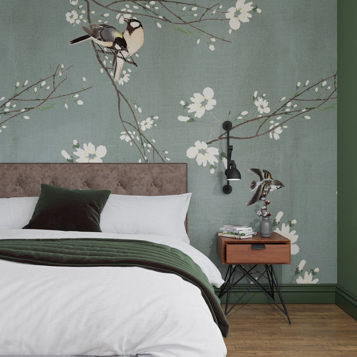 Papier peint panoramique Fleurs et oiseaux du Japon vert bleuté, écru, SUPERFRESCO EASY