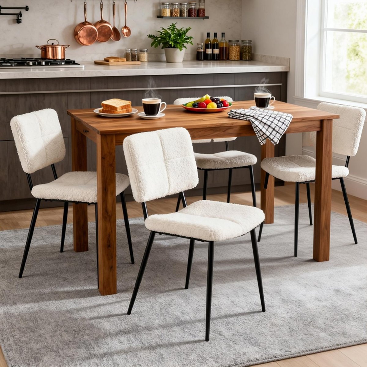 Lot de 4 chaises de salle à manger en bouclette, POMONA beige, MEUBLES COSY