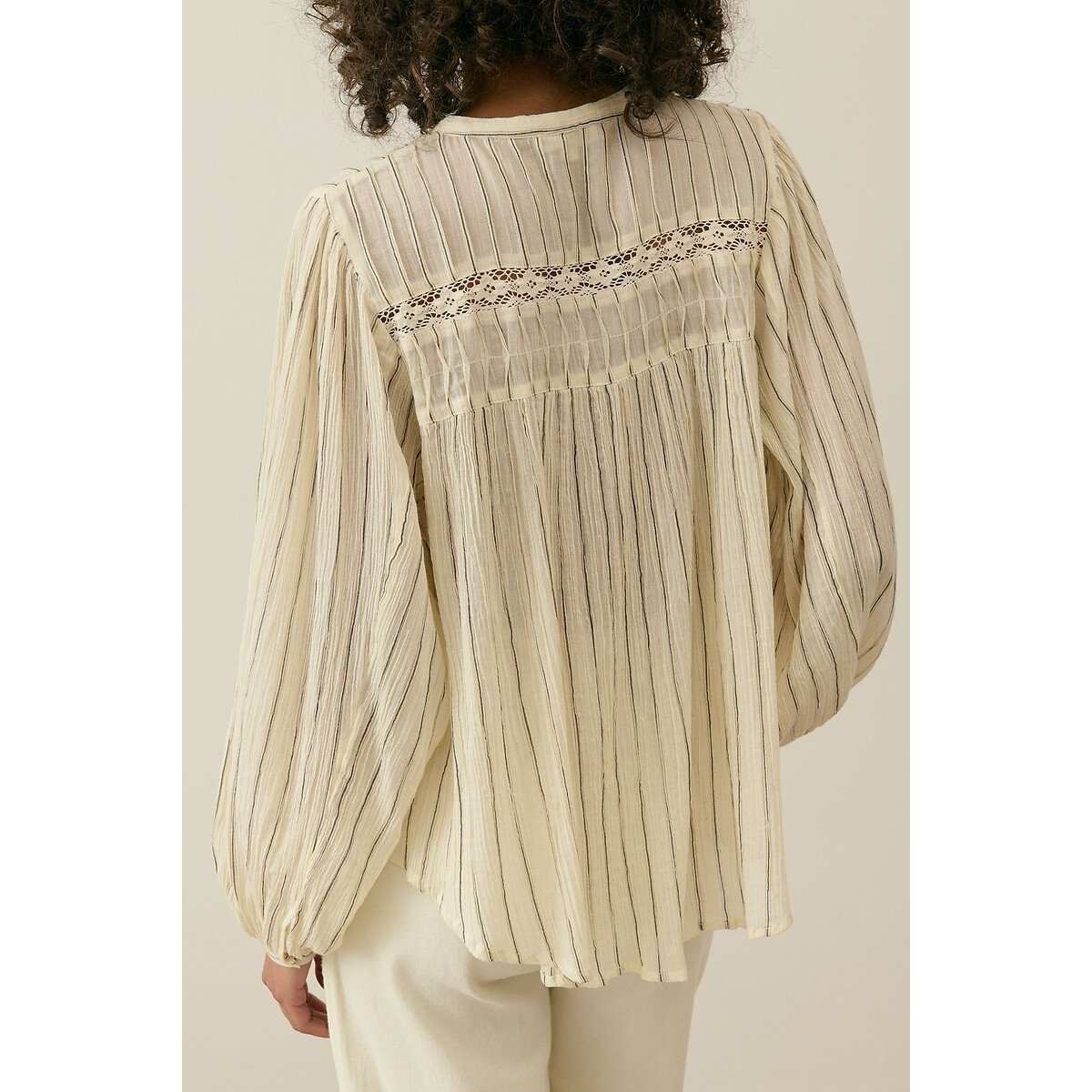 Jally Striped, Embroidered Blouse with Crew Neck and Long Sleeves beige/black, LOUISE MISHA