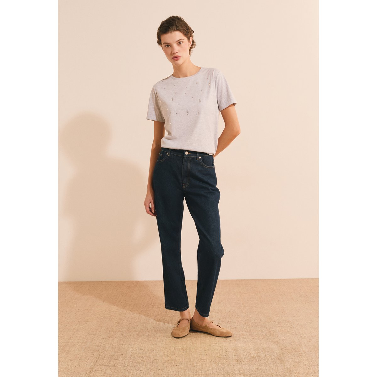 T-shirt à manches courtes en coton avec strass ALDWIN gris, ETAM