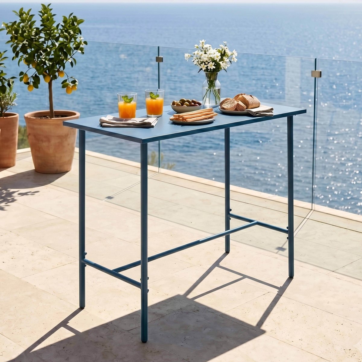 Table de jardin haute en acier, PALAVAS bleu pacific, OVIALA