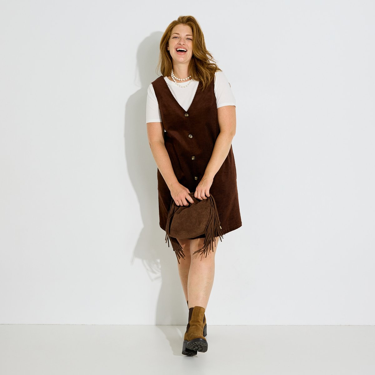 Robe chasuble velours côtelé col V marron, GRAIN DE MALICE