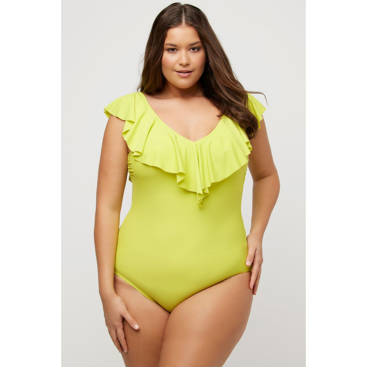 Maillot de bain une pièce à volant jaune fluo, ULLA POPKEN