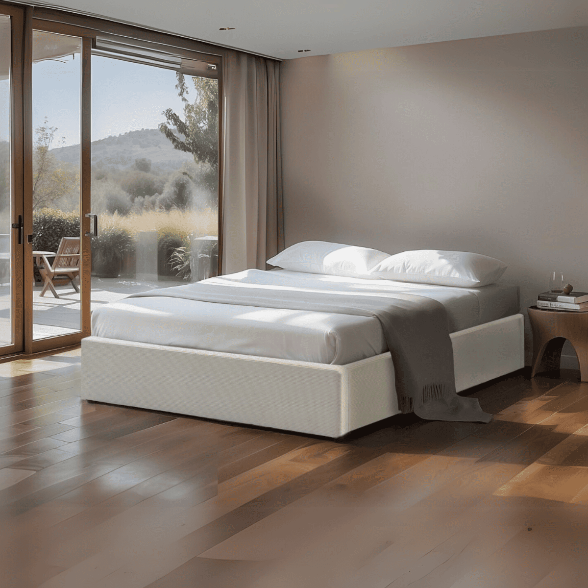 Lit coffre 140x190 cm en velours côtelé - ROMY beige, CALICOSY