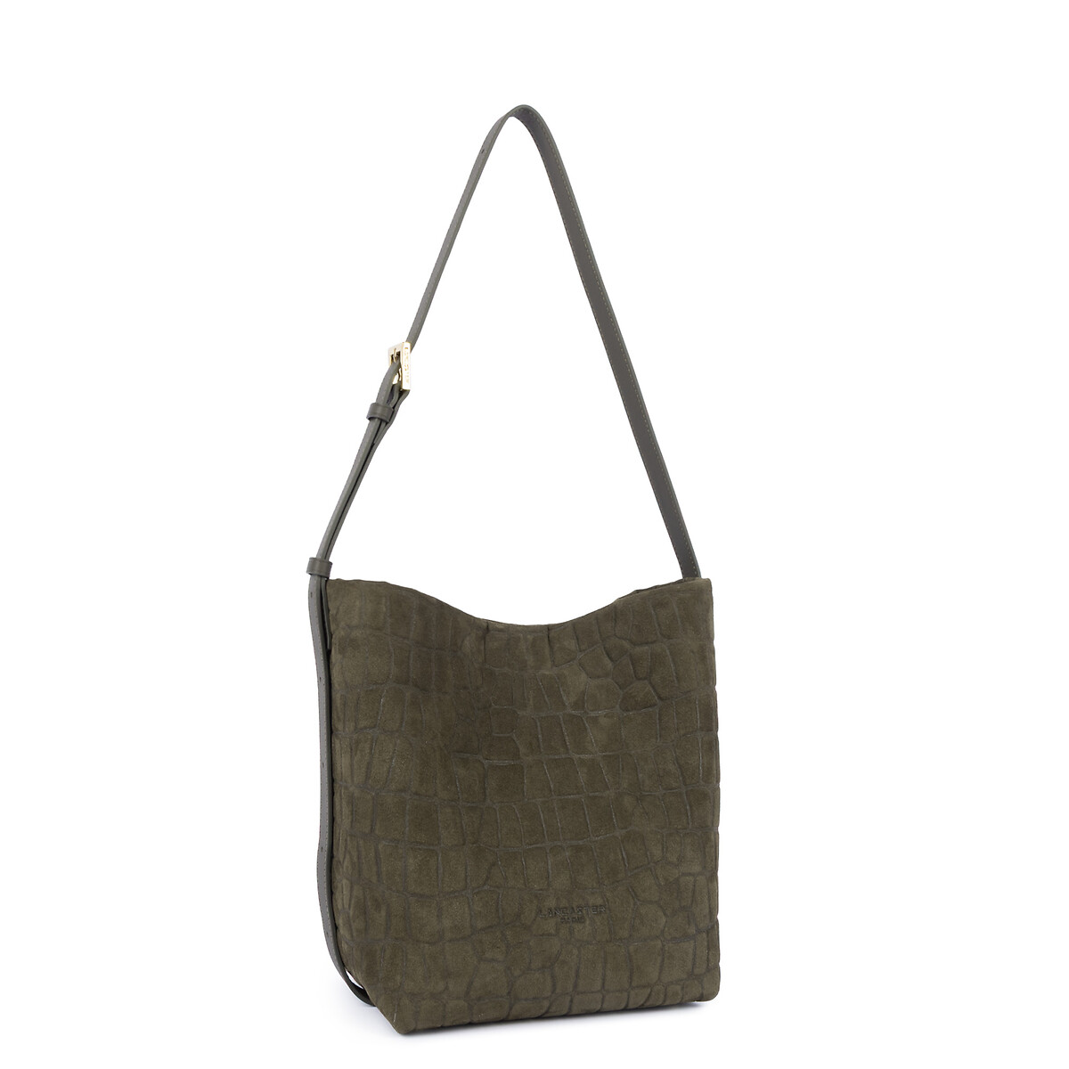 Sac besace en cuir de vachette suède, motif croco kaki, LANCASTER