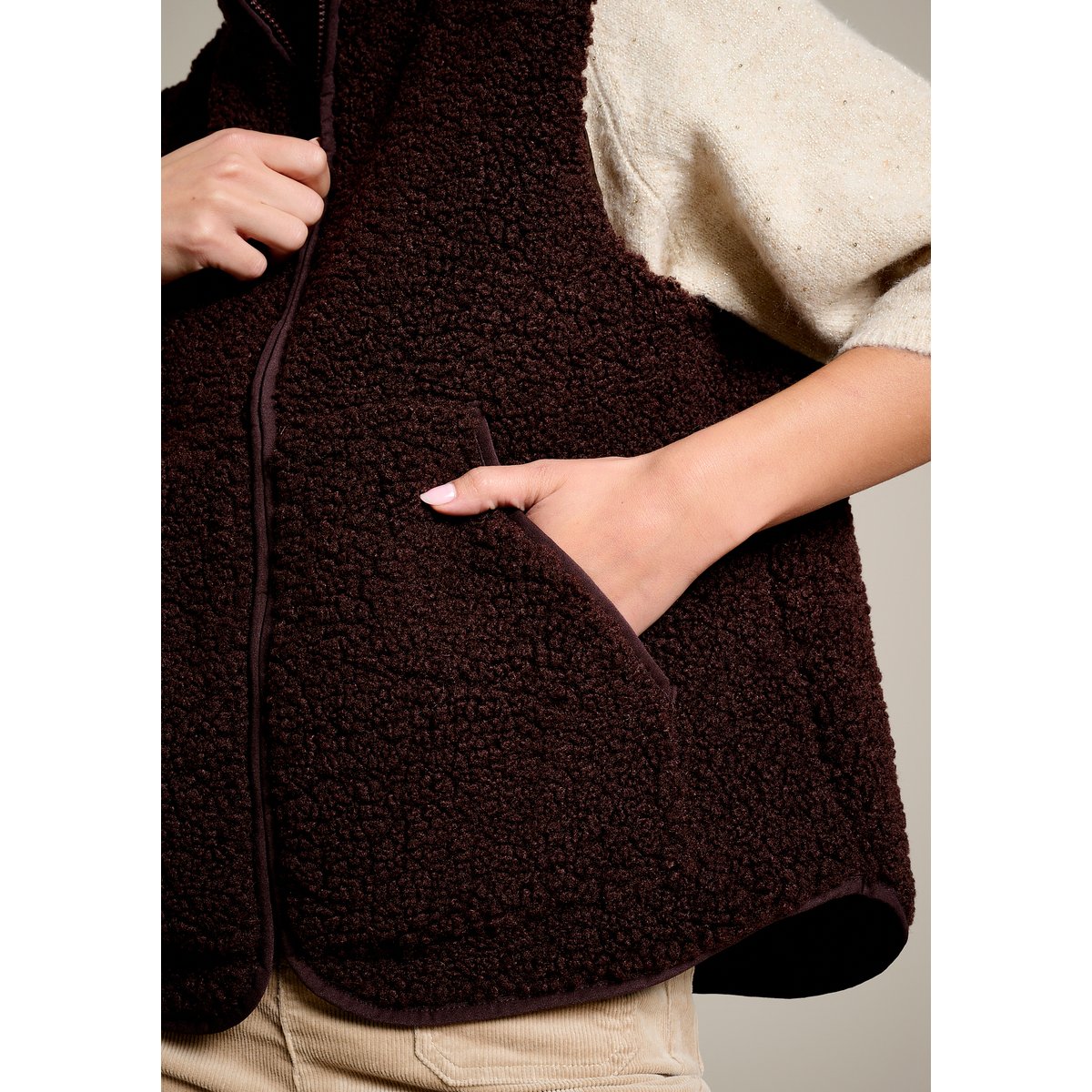 Gilet zippé effet sherpa brun fonce chocolate, LOLALIZA