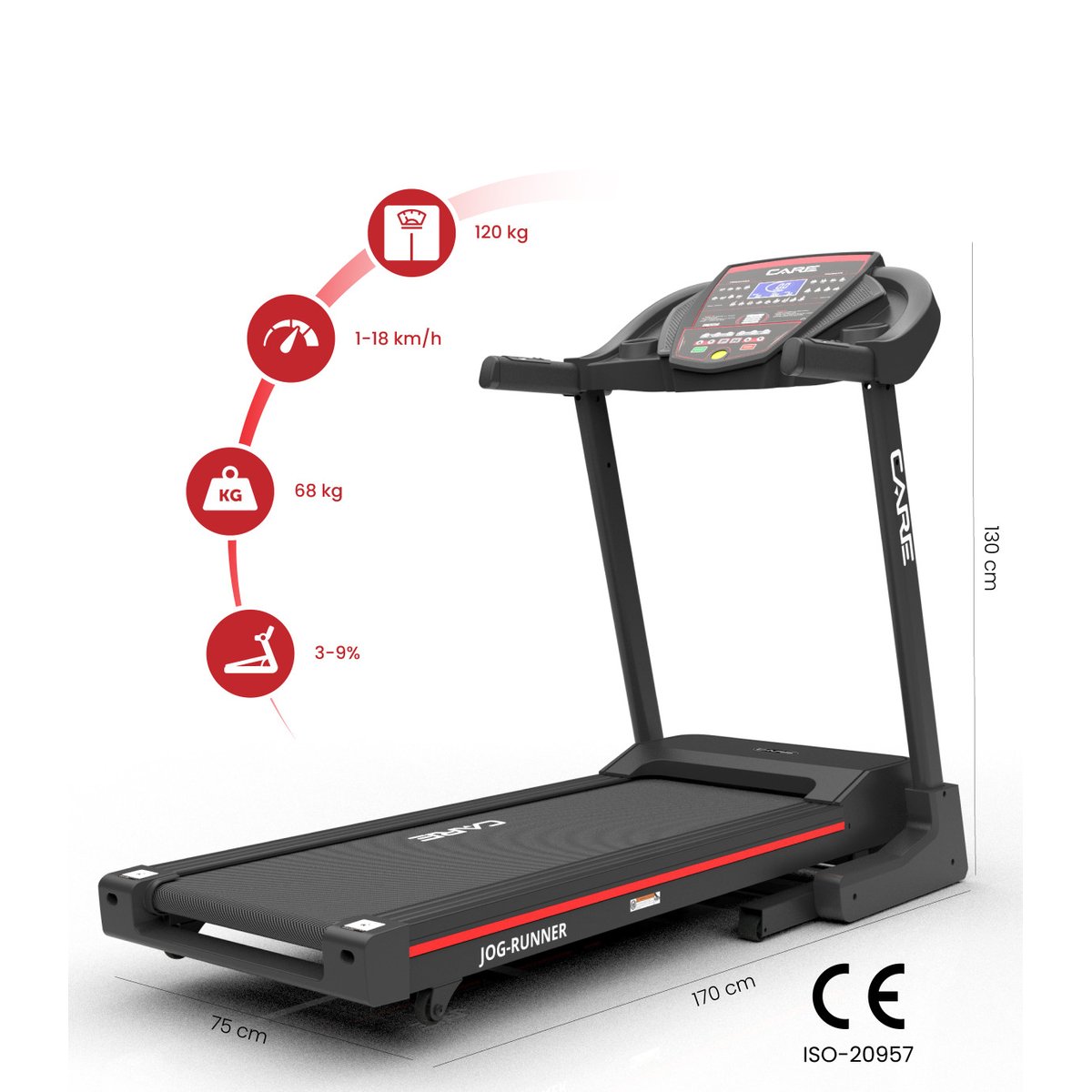 Tapis de course connecté - 18km/h - CARE - JOG RUNNER - KINOMAP noir, CARE FITNESS