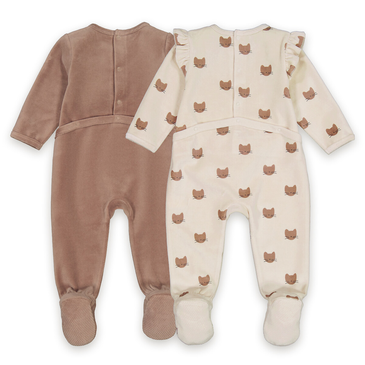 Pack of 2 Sleepsuits in Cat Print Velour assorted, LA REDOUTE COLLECTIONS