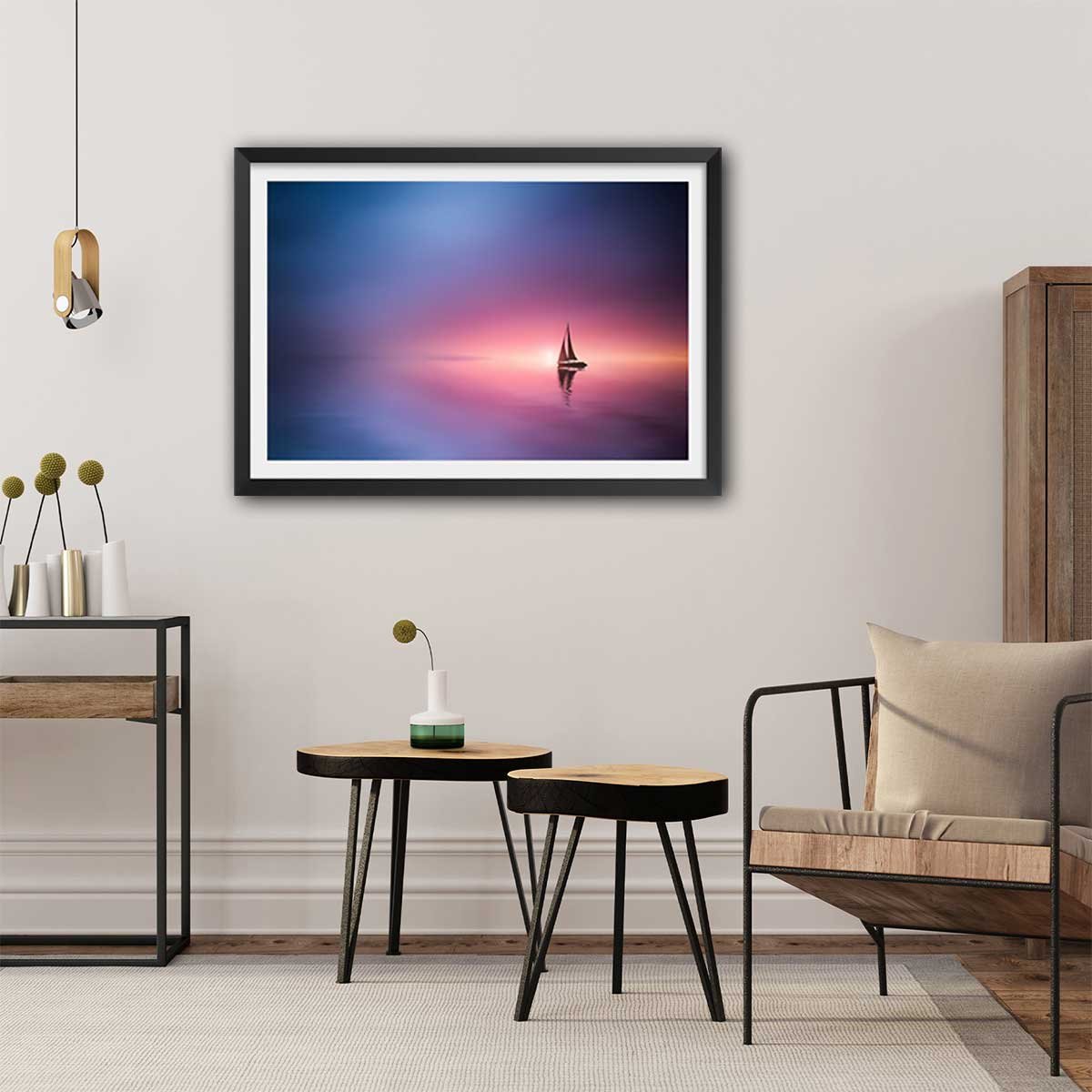 Poster navigation sous le sunset affiche + cadre en bois - noir, HEXOA