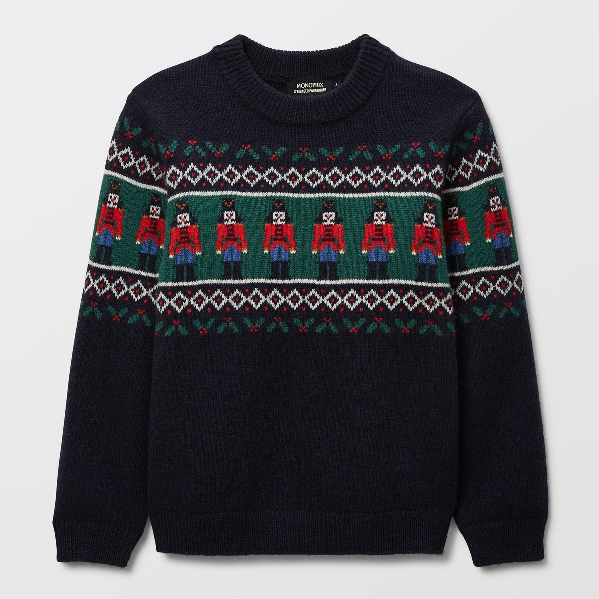 Pull col rond jacquard contenant de la laine marine, MONOPRIX