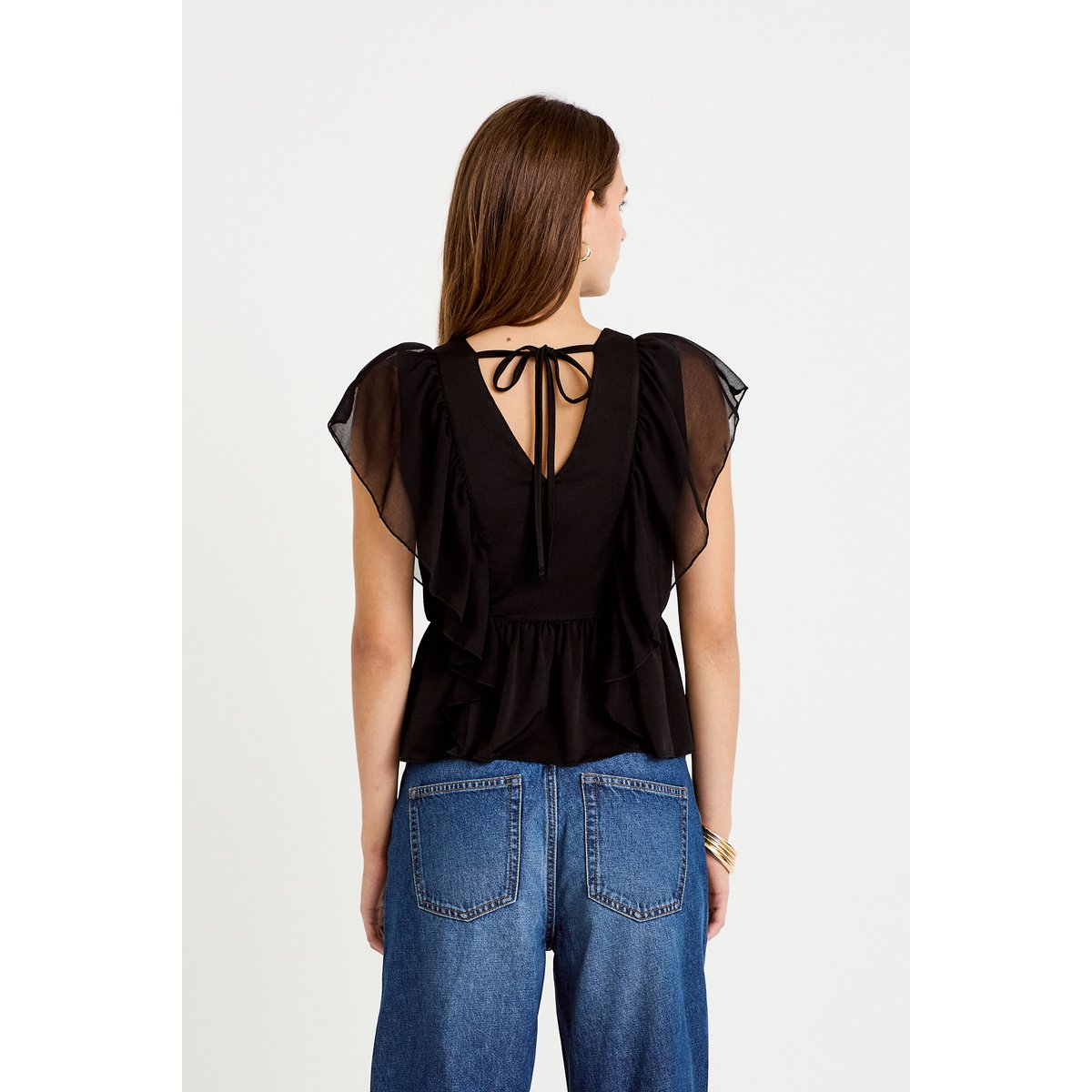 Blouse décolleté voile manches courtes noir, CACHE CACHE