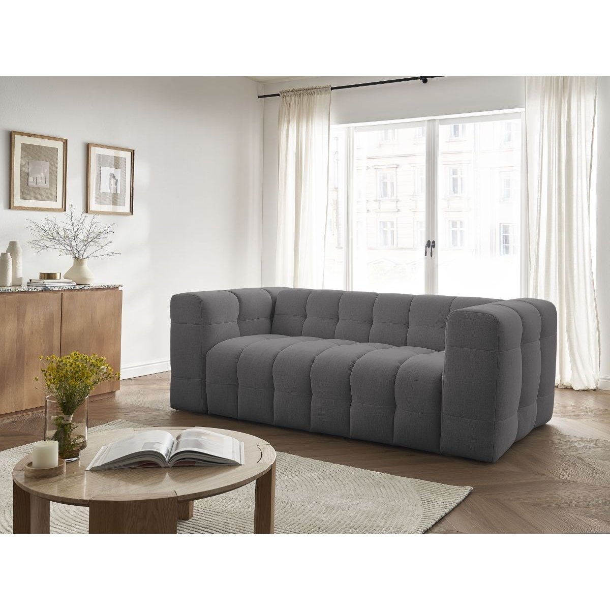 Canapé droit convertible 3 places en tissu lisse, CLOUD gris foncé, BOBOCHIC