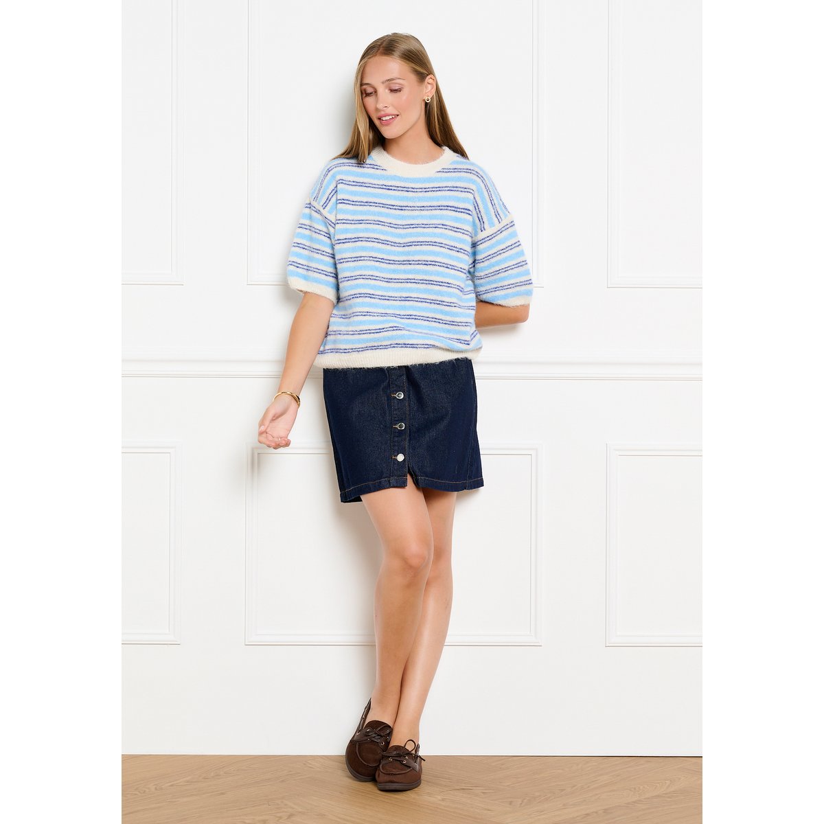 Pull rayé manches courtes bleu electrique, LOLALIZA