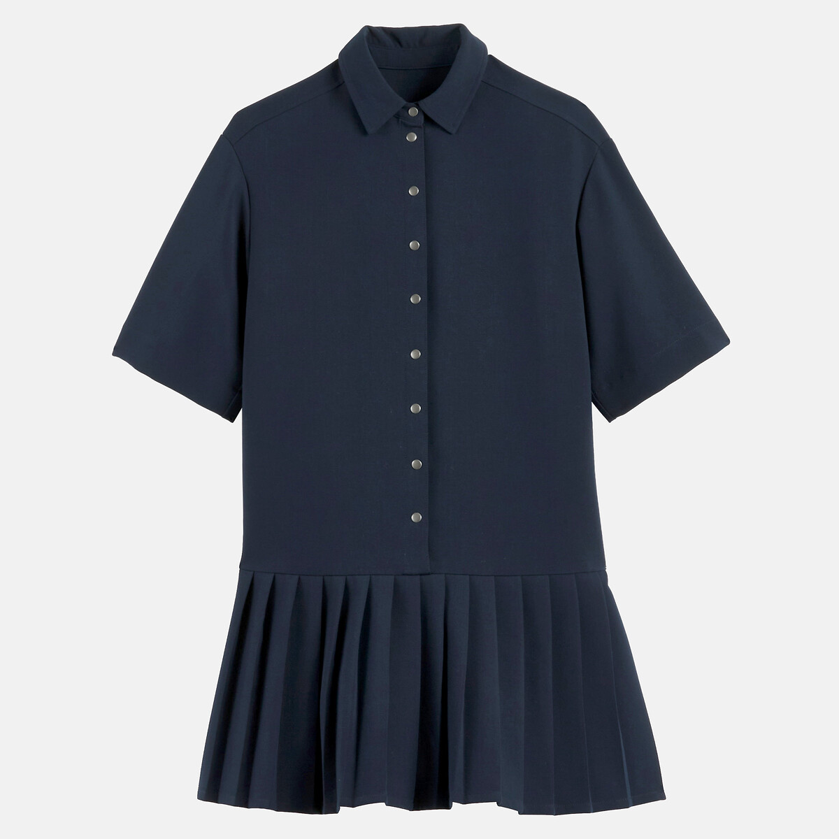 Short Sleeve Mini Dress with Pleated Skirt navy blue, LA REDOUTE COLLECTIONS