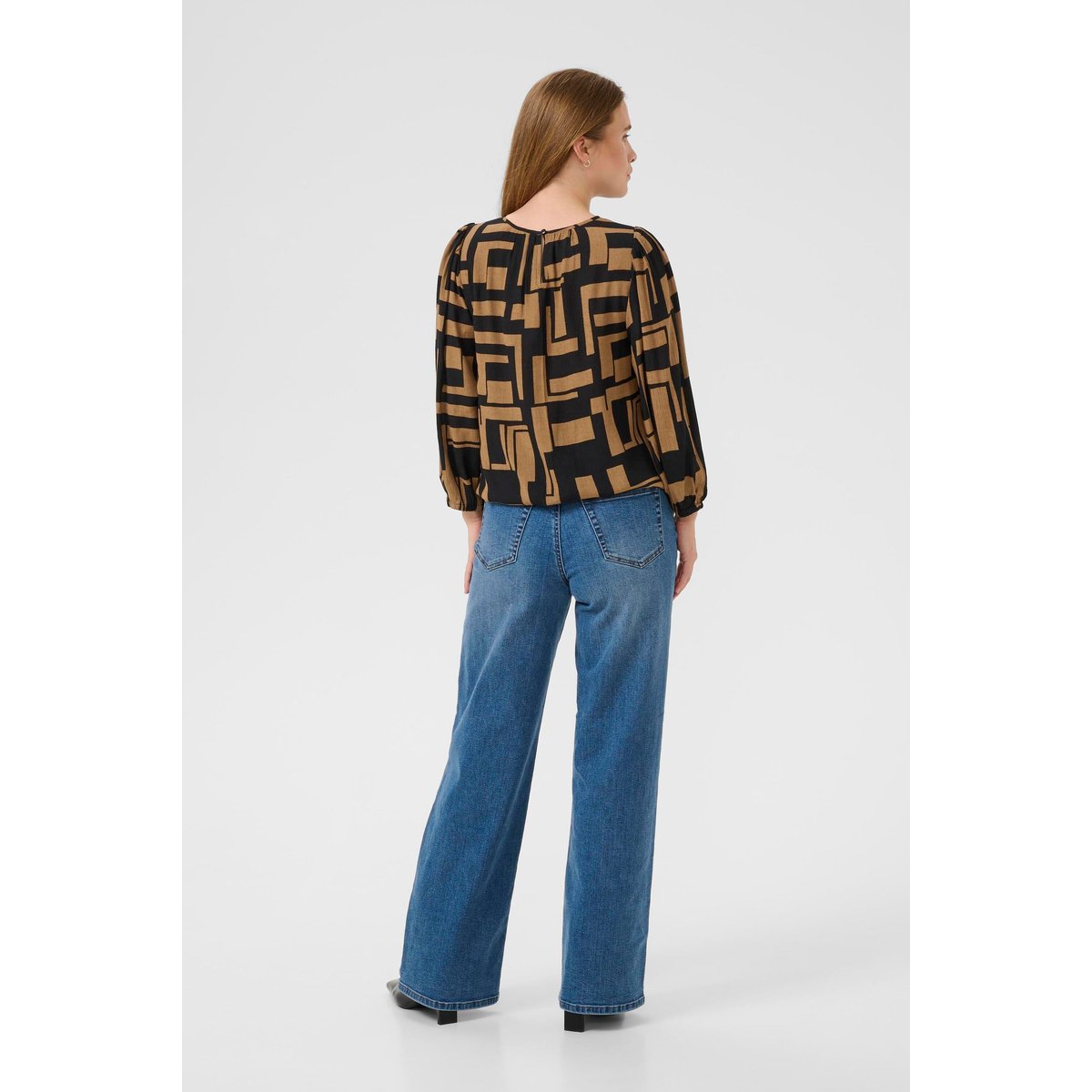 Blouse à manches longues noir/marron imprimé graphique, KAFFE