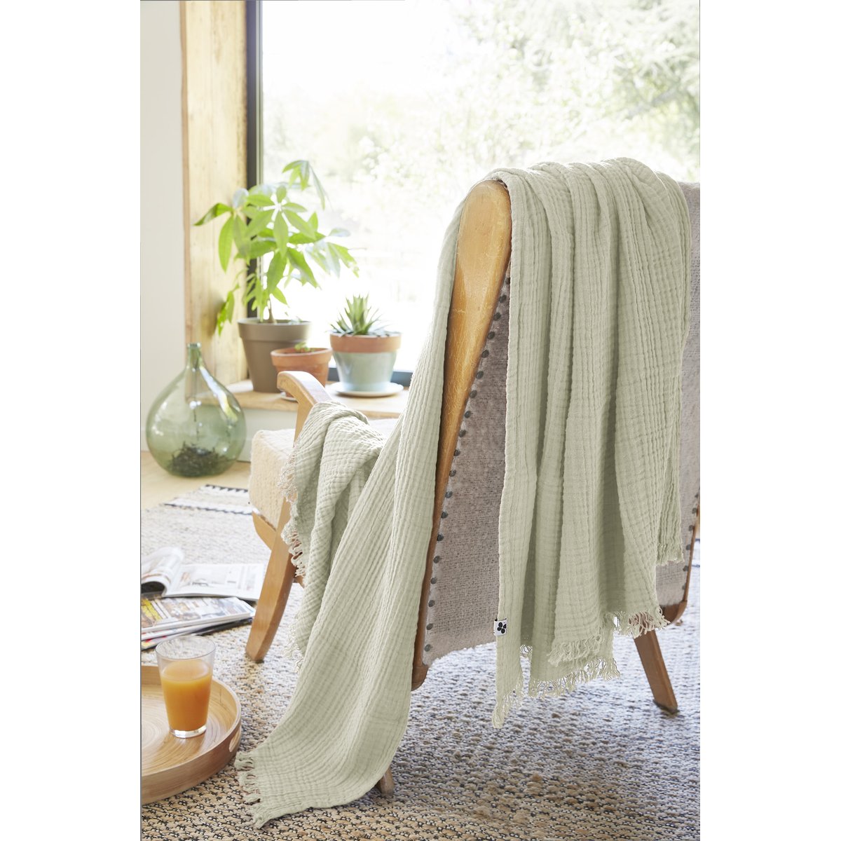 Plaid quadruple gaze de coton 180 x 220 cm Gaia vert d eau camel, EDEN