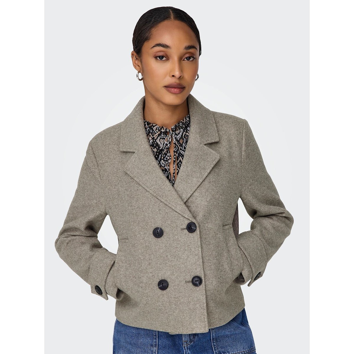 Manteau court col tailleur, boutonné beige, ONLY