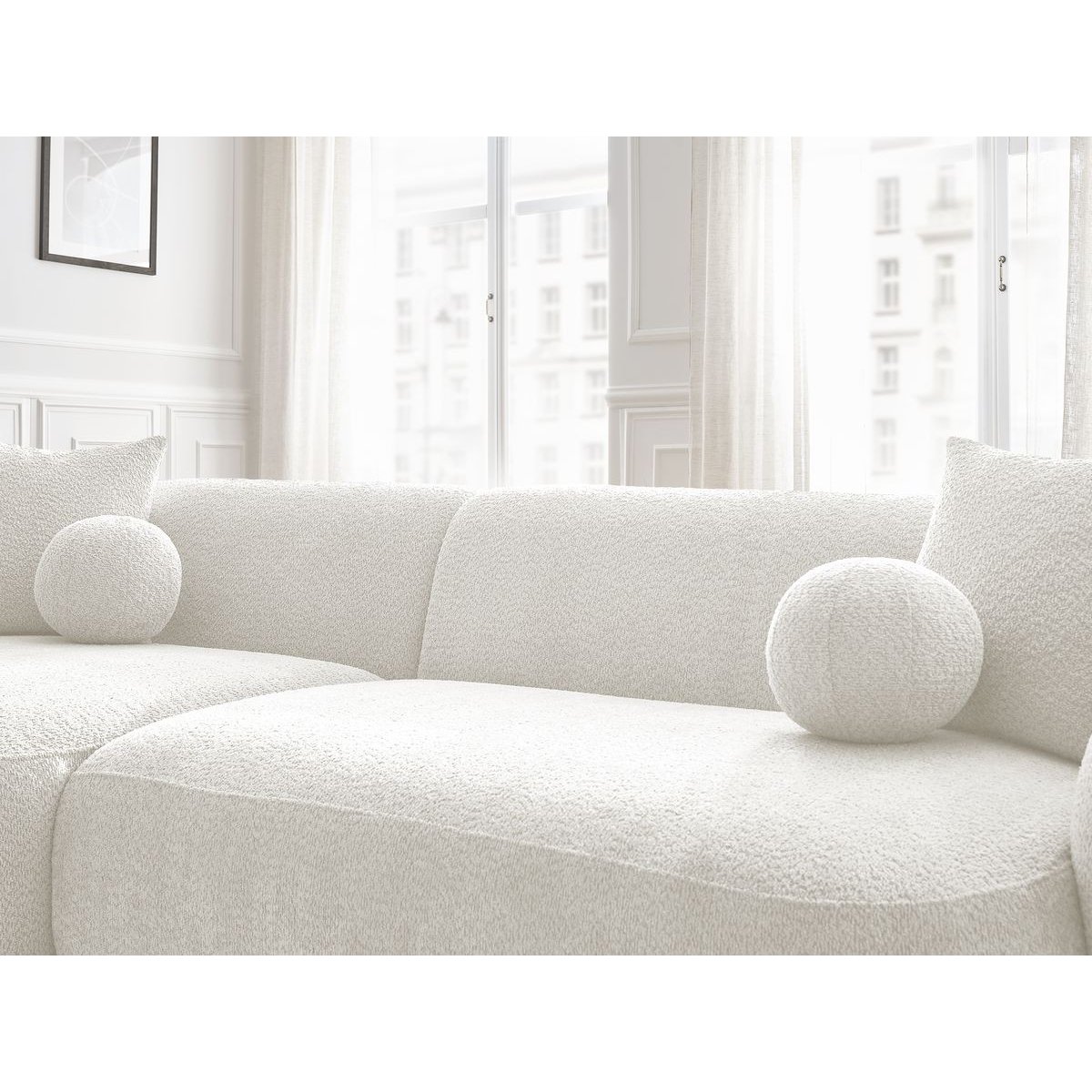 Canapé d'angle fixe 4 places en tissu bouclette avec pouf, ASHLEY blanc, BOBOCHIC